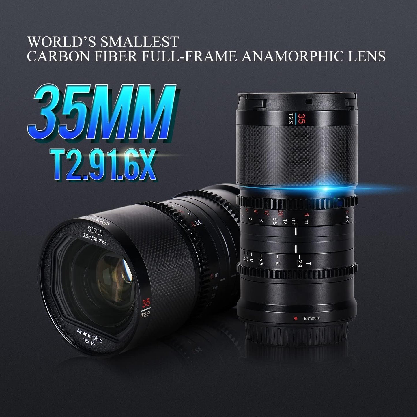 SIRUI Saturn 35mm T2.9 1.6X Full Frame Carbon Fiber Anamorphic Lens, Cine Lens