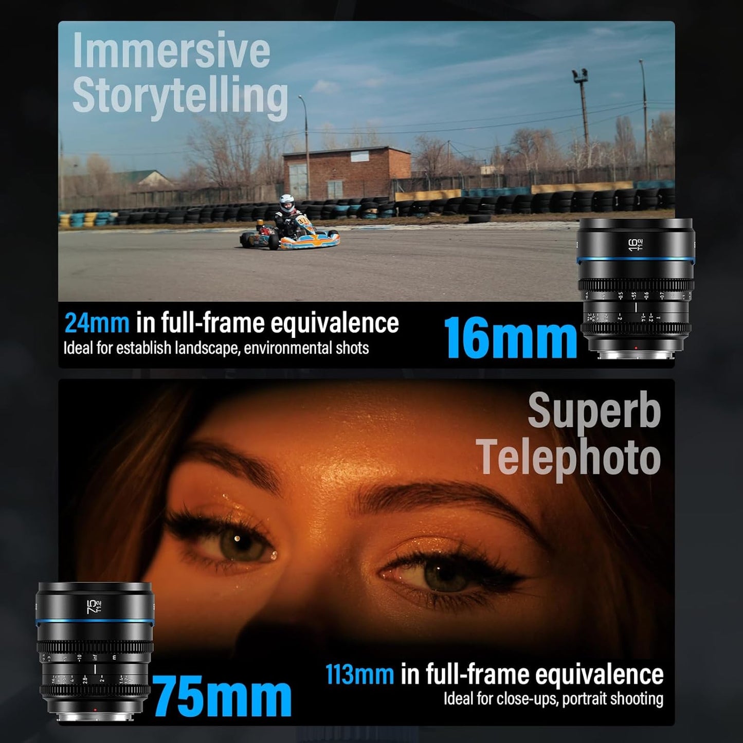SIRUI Night Walker T1.2 S35 Cine Lens Set, 16mm, 75mm, Large Aperture Manual Focus Lens