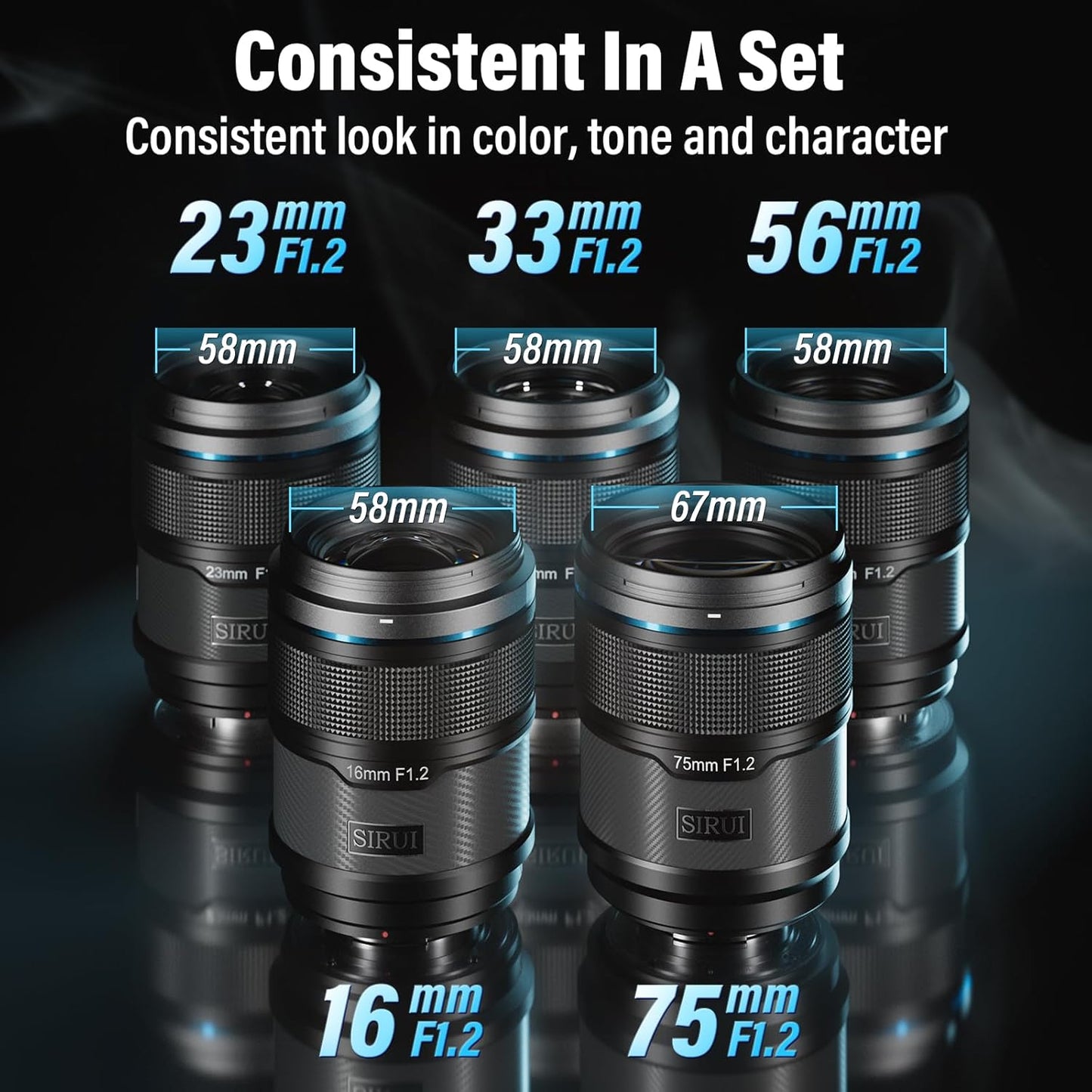 Conjunto de lentes de foco automático APS-C SIRUI Sniper 16 mm, 23 mm, 33 mm, 56 mm e 75 mm, lente grande angular F1.2