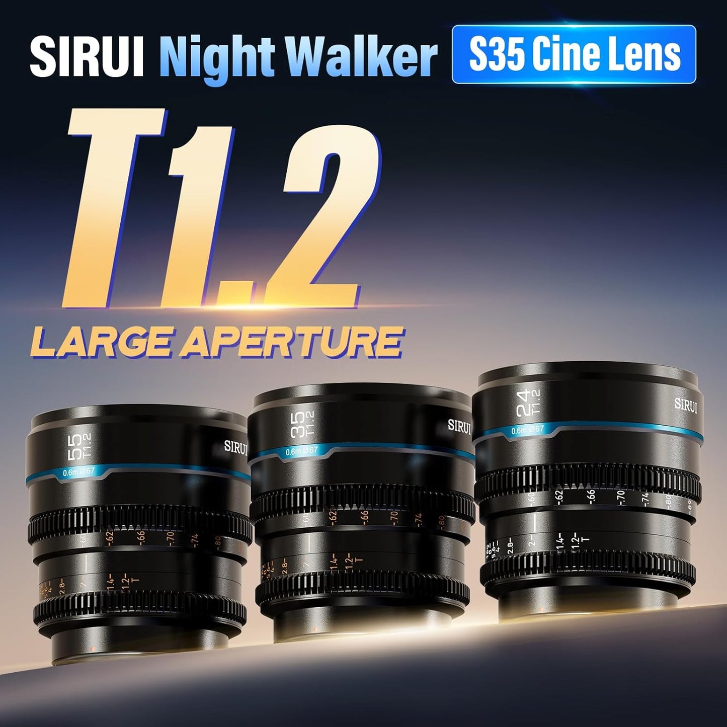 Conjunto de lentes cinematográficas SIRUI Night Walker S35 com foco manual, 24 mm, 35 mm, 55 mm, lente de grande abertura T1.2