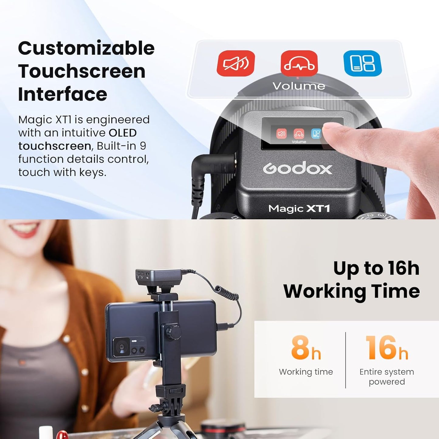Microfone de lapela sem fio GODOX Magic XT1 com tela sensível ao toque para câmera/Android/iPhone 15 e 16/PC