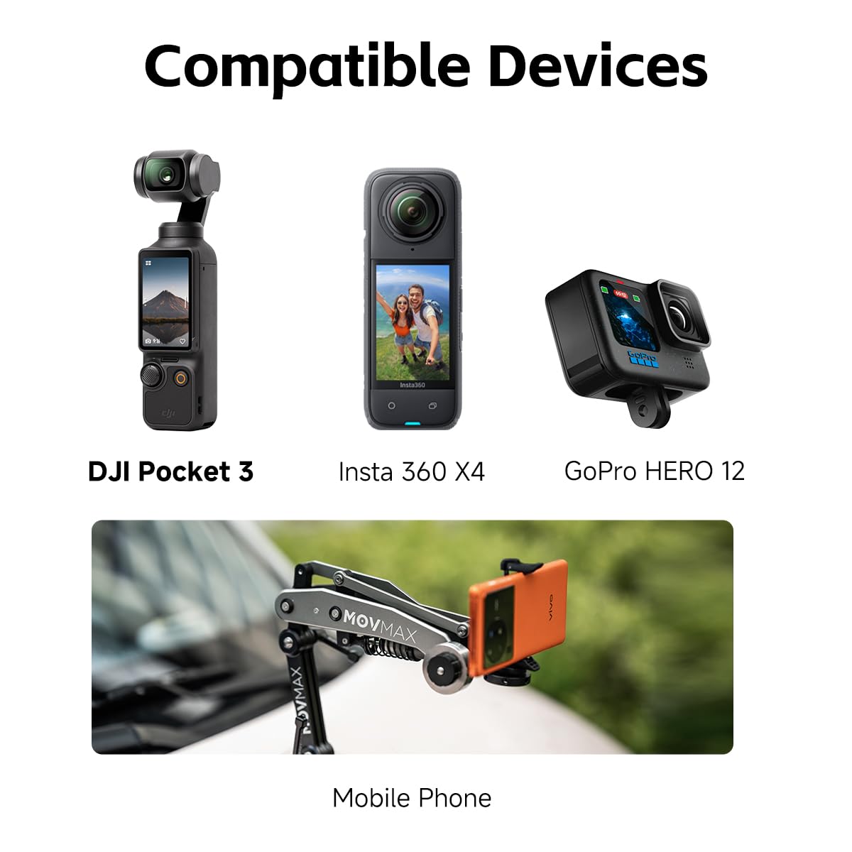 Movmax Blade Arm for DJI Pocket 3, Insta 360, and GoPro Hero 12 Cameras with N2 Arm Technology and Universal Locking Screw