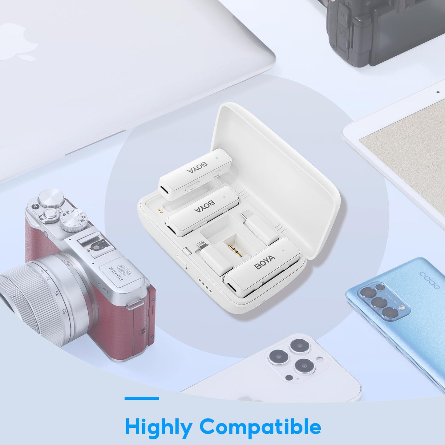 Microfone de lapela sem fio BOYA BOYALINK-W para iPhone/Android/vlog com câmera, sistema de microfone duplo de lapela tudo-em-um, entradas Lightning e USB-C e estojo de bateria para smartphones/DSLR YouTube Facebook Live