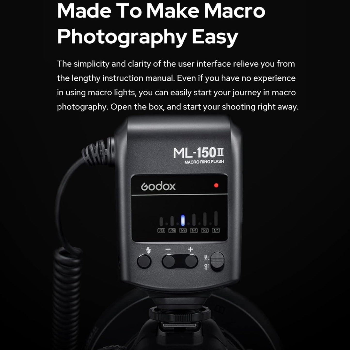 Godox ML-150II ML150II Macro LED Ring Flash Speedlite GN12 Tempo de reciclagem de 0,1-2 s 5800K ± 200K para câmeras DSLR Sony Canon Nikon Fuji Olympus Panasonic para produção de vídeo, fotografia de animais e plantas