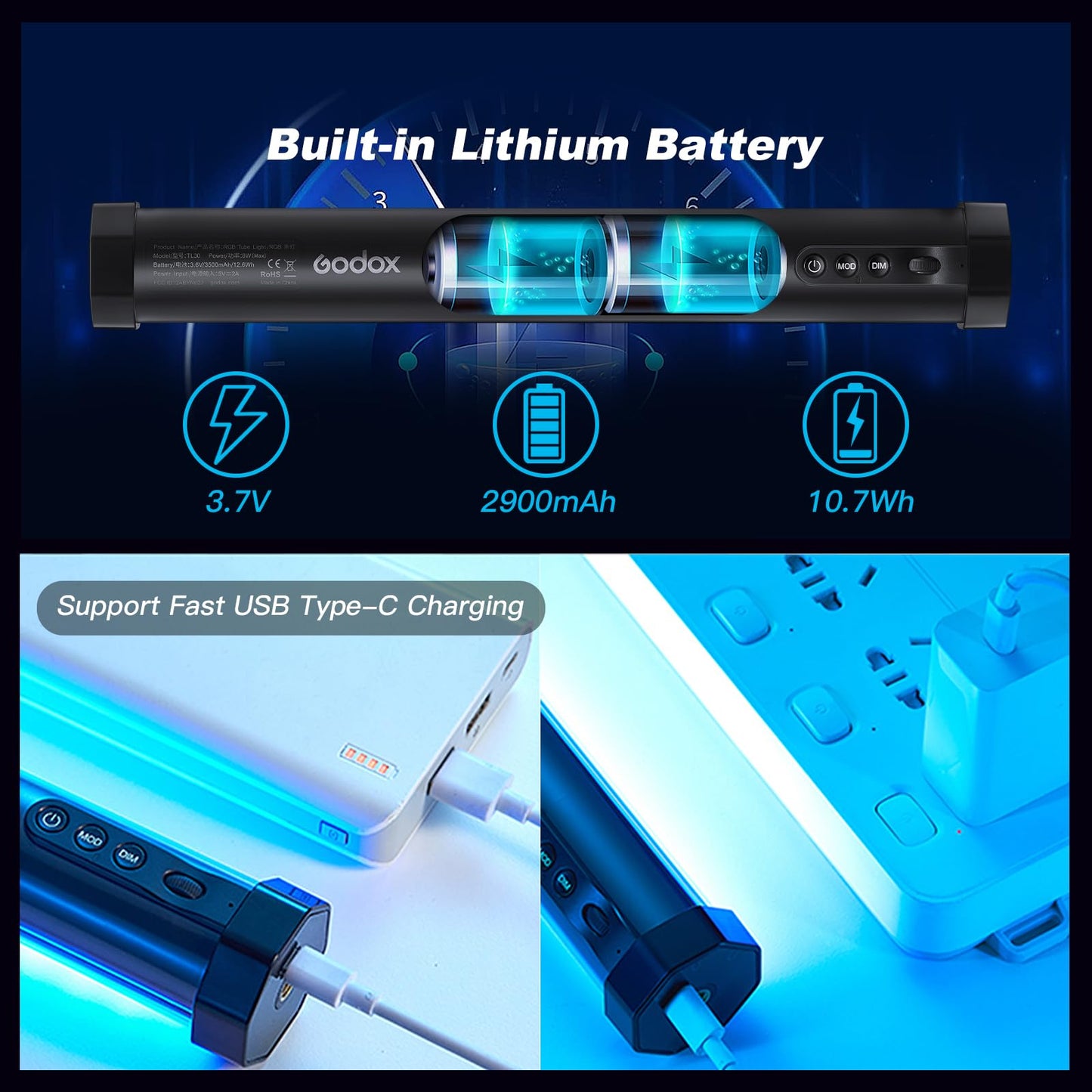 Kits Godox TL30-K1/TL30-K2/TL30-K4 Luzes de tubo RGB 8W 2700-6500K Lux 740 CRI 97 TLCI 99 13FX com bateria de 2900mAh Luz portátil magnética