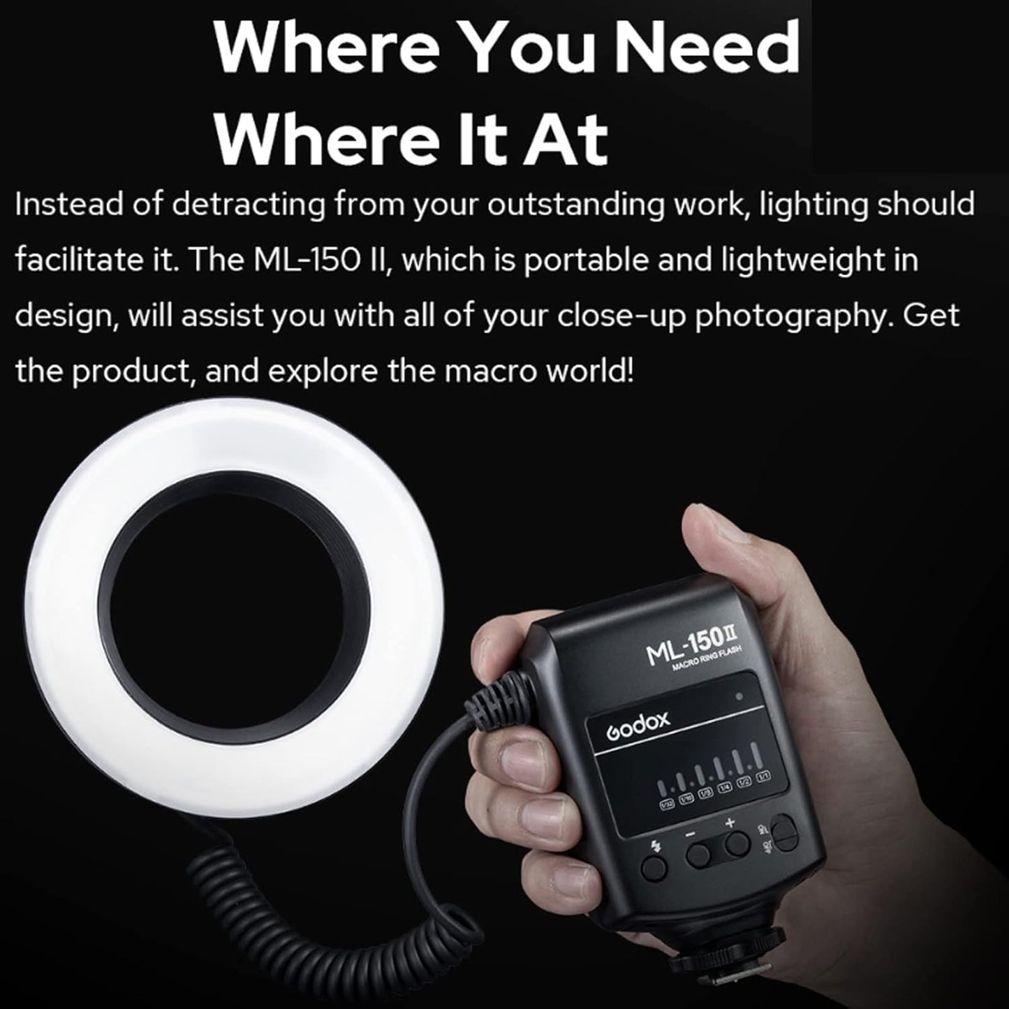 Godox ML-150II ML150II Macro LED Ring Flash Speedlite GN12 Tempo de reciclagem de 0,1-2 s 5800K ± 200K para câmeras DSLR Sony Canon Nikon Fuji Olympus Panasonic para produção de vídeo, fotografia de animais e plantas