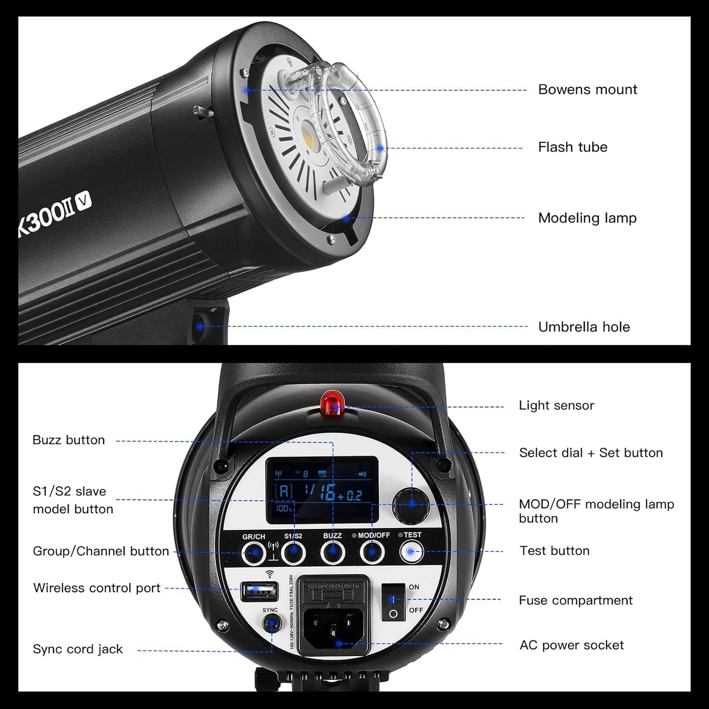 Flash estroboscópico de estúdio fotográfico Godox SK300IIV 220V