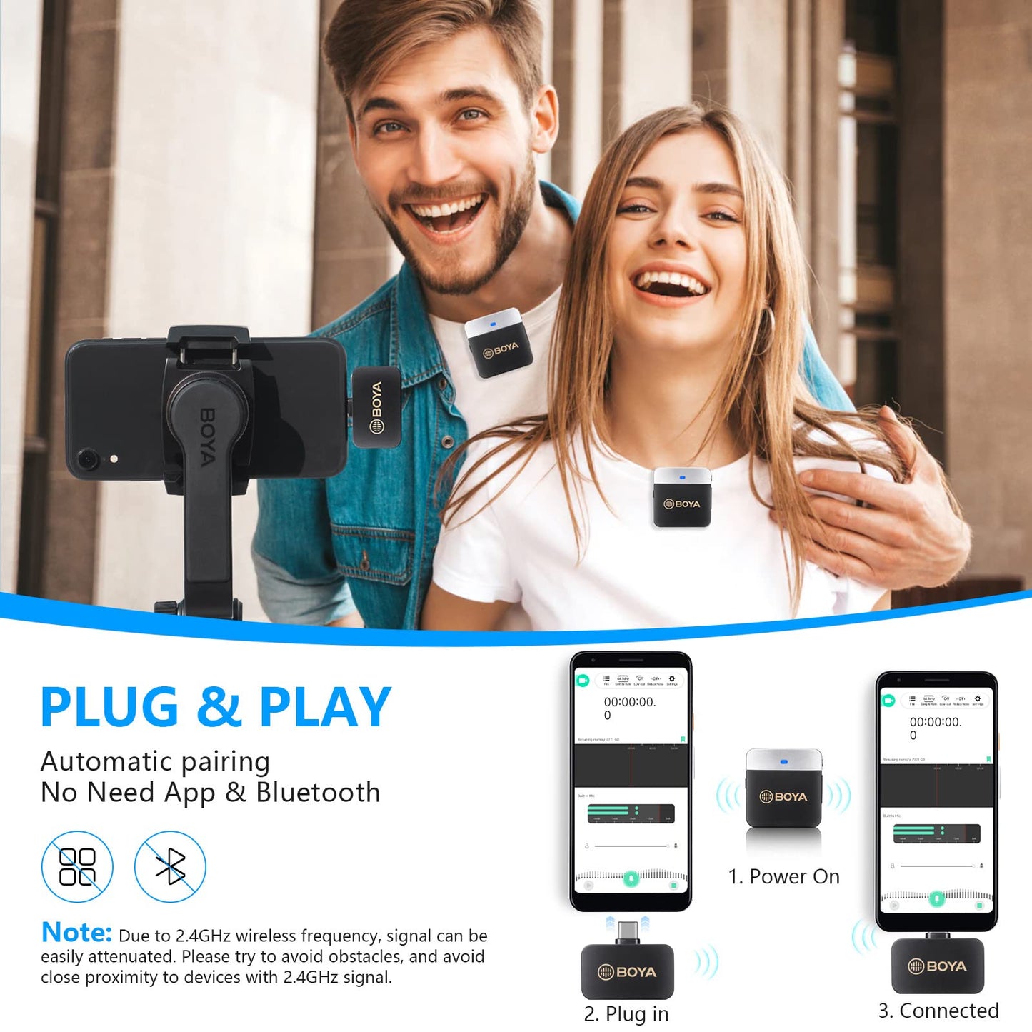 Microfone de lapela sem fio BOYA BY-M1V4 para Android iPhone 15 Plug Play USB-C