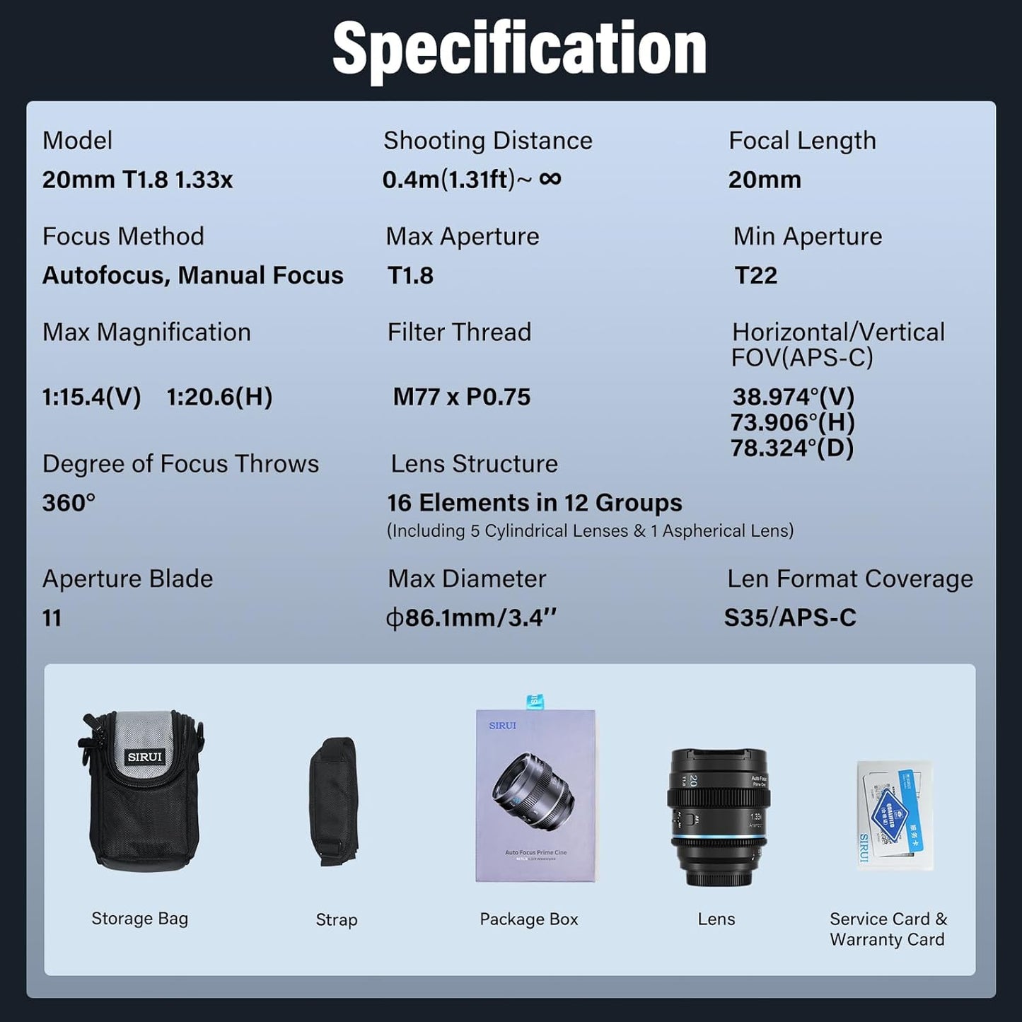SIRUI 20mm T1.8 1.33X Anamorphic Lens, S35 Autofocus Lens