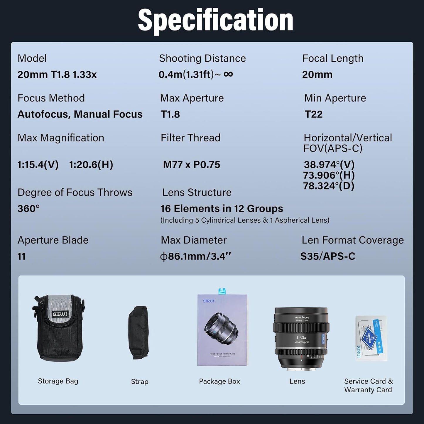 SIRUI 20mm T1.8 1.33X Anamorphic Lens, S35 Autofocus Lens