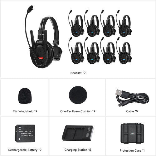 Sistema de intercomunicação sem fio Synco Xtalk XPro9 com 9 fones de ouvido de ouvido único (2,4 GHz)