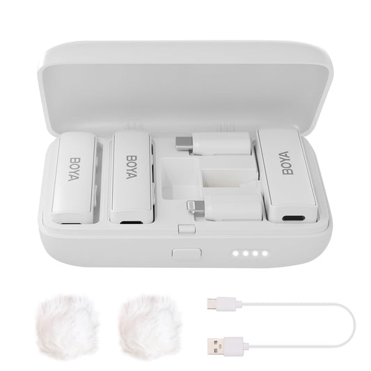 Microfone de lapela sem fio BOYA BOYALINK-W para iPhone/Android/vlog com câmera, sistema de microfone duplo de lapela tudo-em-um, entradas Lightning e USB-C e estojo de bateria para smartphones/DSLR YouTube Facebook Live