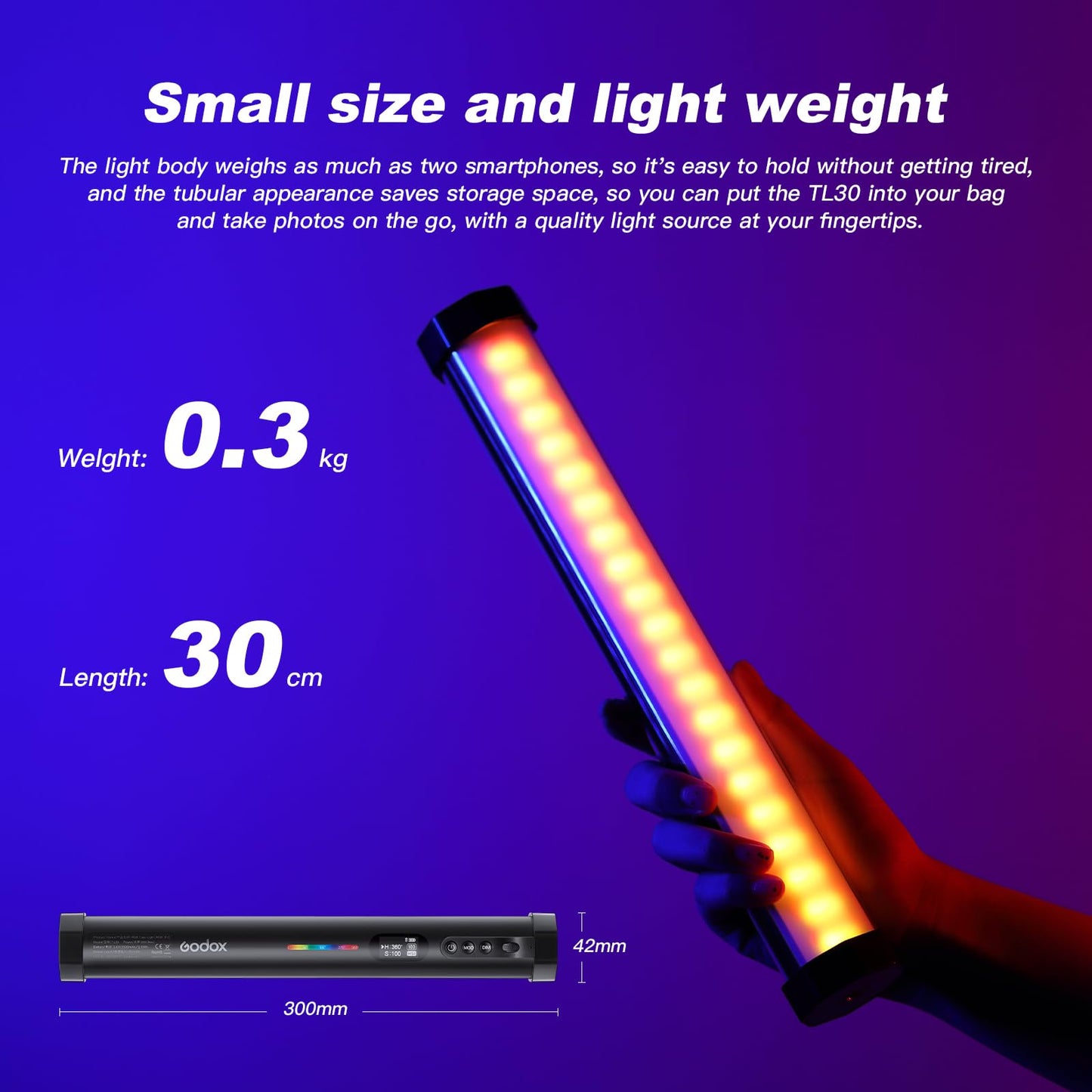 Kits Godox TL30-K1/TL30-K2/TL30-K4 Luzes de tubo RGB 8W 2700-6500K Lux 740 CRI 97 TLCI 99 13FX com bateria de 2900mAh Luz portátil magnética