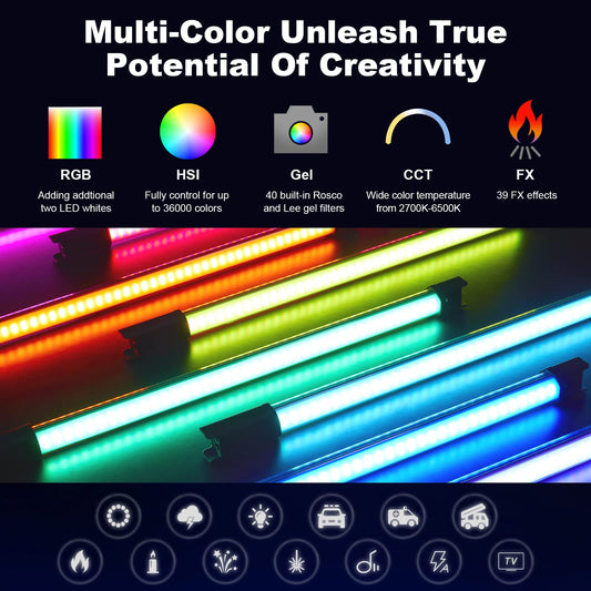 Kit de luz Godox TL60-K2/TL60-K4 Tubo de luz LED RGB colorido de 2700K a 6500K para vídeo