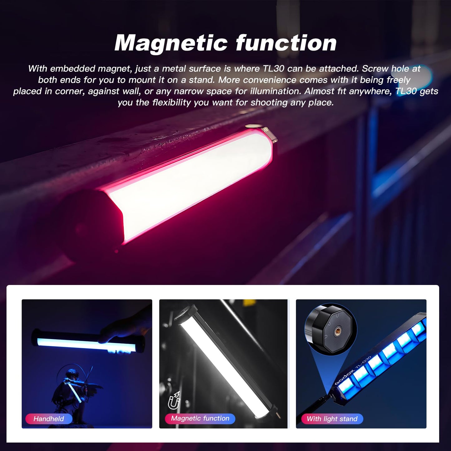 Kits Godox TL30-K1/TL30-K2/TL30-K4 Luzes de tubo RGB 8W 2700-6500K Lux 740 CRI 97 TLCI 99 13FX com bateria de 2900mAh Luz portátil magnética