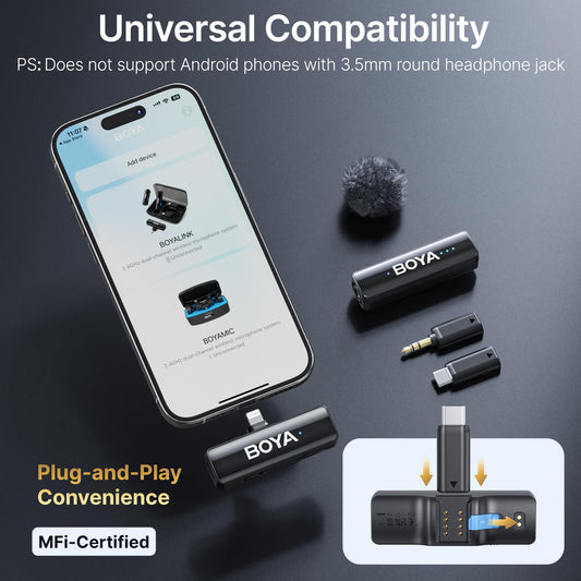 Microfone de lapela sem fio BOYA BOYALINK 2 A1 (adaptador 1TX+3RX) para câmera de iPhone e Android