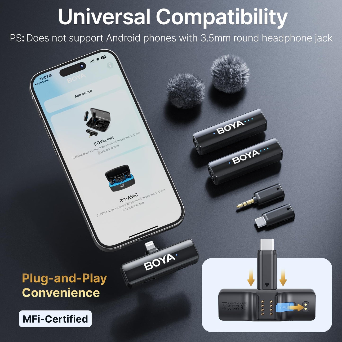 Microfone de lapela sem fio BOYA BOYALINK 2 A2 (adaptador 2TX+3RX) para câmera de iPhone e Android