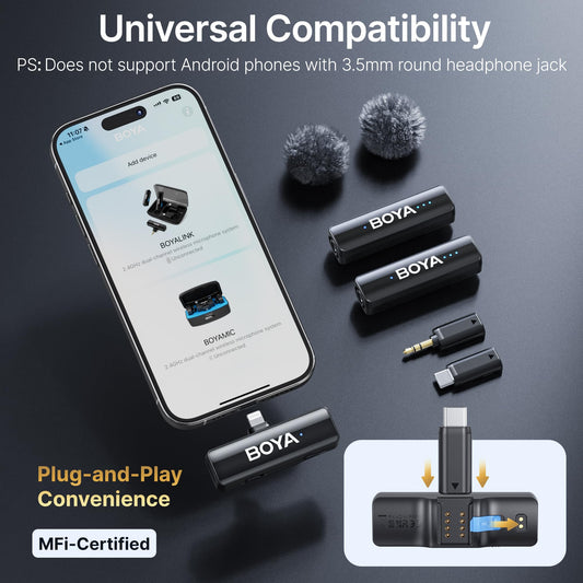 Microfone de lapela sem fio BOYA BOYALINK 2 A2 (adaptador 2TX+3RX) para câmera de iPhone e Android