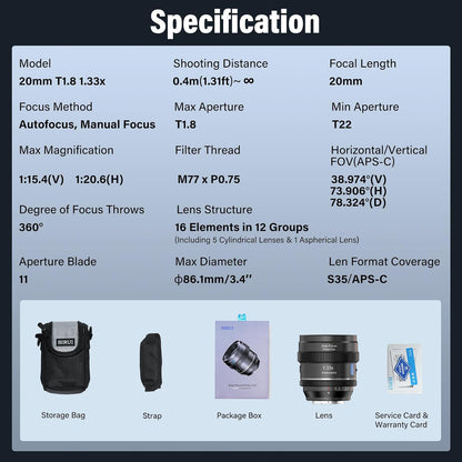 SIRUI 20mm T1.8 1.33X Anamorphic Lens, S35 Autofocus Lens
